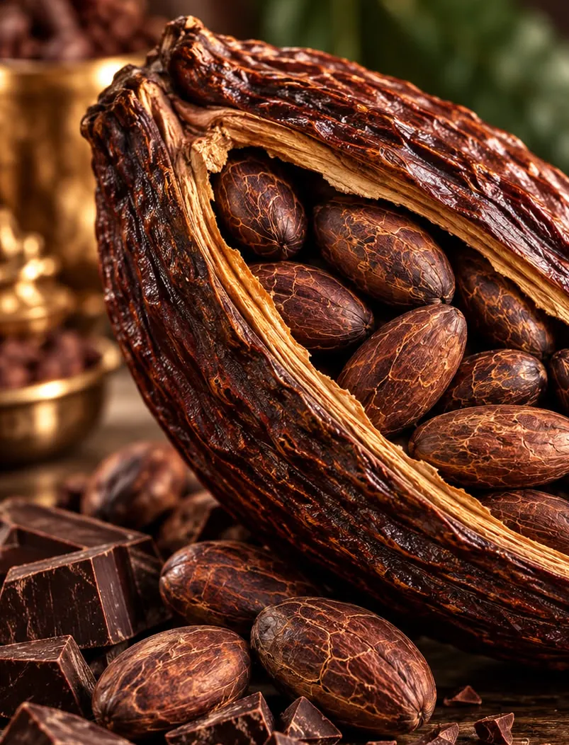 Mazorca de cacao abierta con sus granos y trozos de chocolate