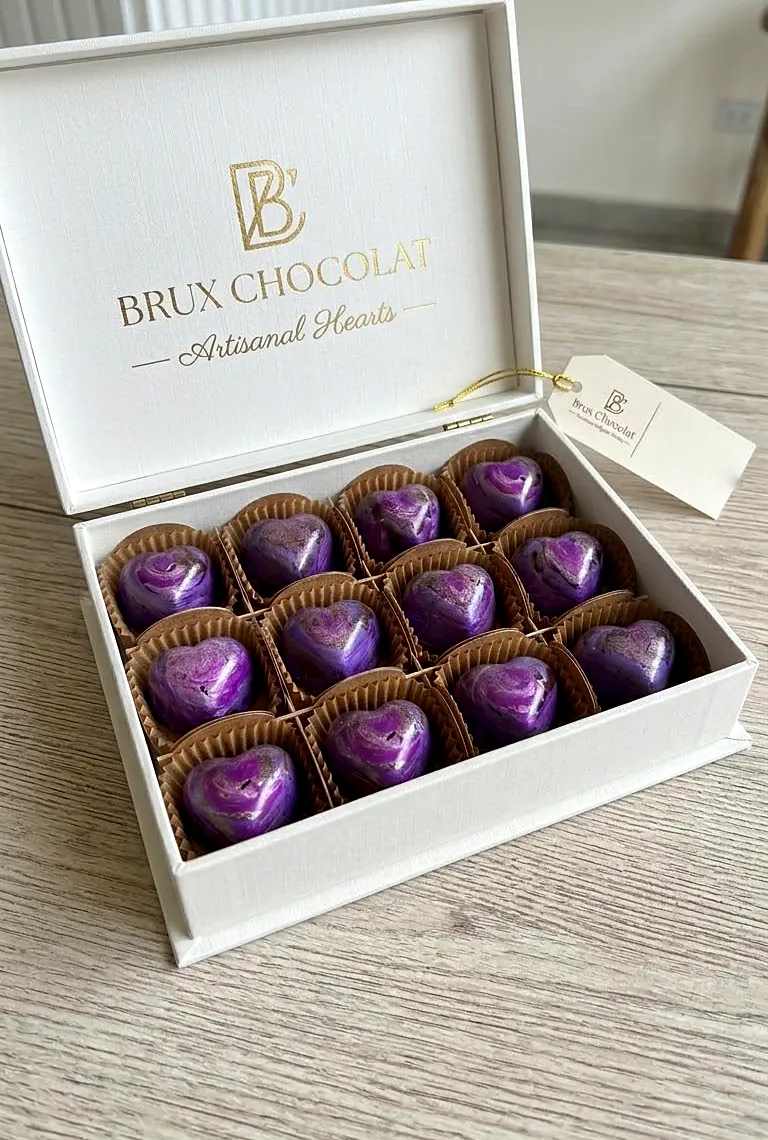 Caja de regalo de Brux Chocolat abierta, con doce bombones morados en forma de corazón